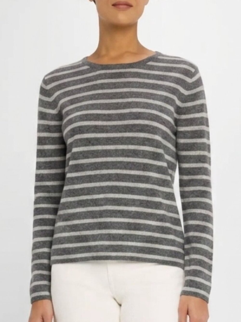 Majestic Filatures Striped 100% Cashmere Sweater in Brume/Chine | Size 1/XS
